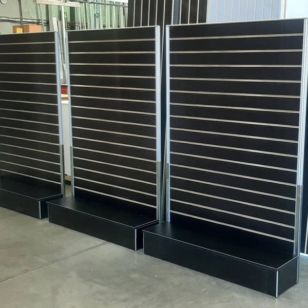 3x Plankwall Light free standing display panels in black in factory