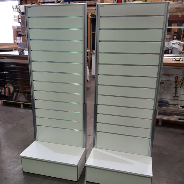 2x Plankwall light free standing display panels in White in factory 1600H x 600W