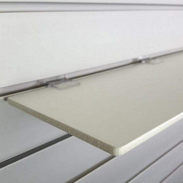 Front view of Plankwall 6 mm white melamine shelf with painted edges for retail and slatwall display systems
