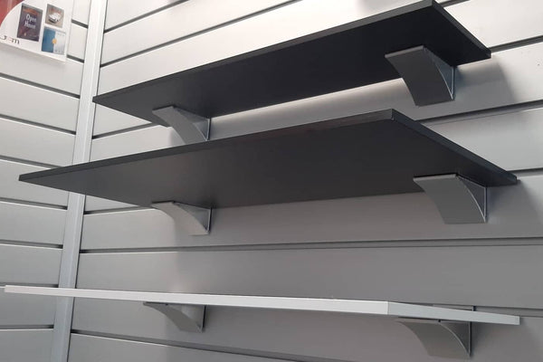 under side view of 9mm melamine shelves with ASB aluminium brackets 