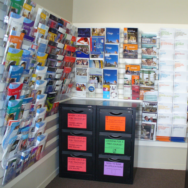 Photo of Careers Centre brochures displayed on the Calext adjustable print display system