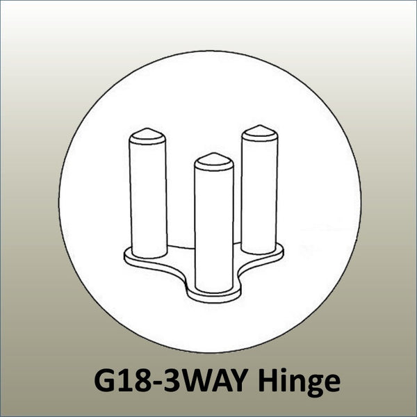 Close up drawing of a Plankwall 3Way radial panel hinge - G18-3WAY hinge