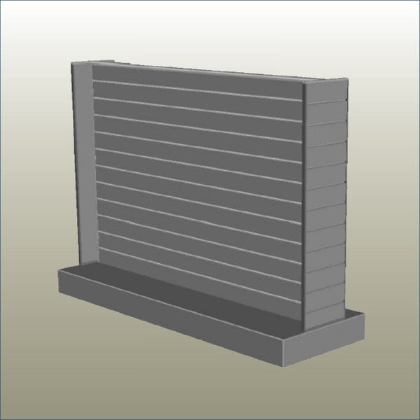 A 3D rendered image of a gray double-sided Plankwall retail display gondola with 300mm end panels on a plinth with lockable castors.