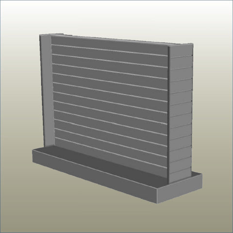 A 3D rendered image of a gray double-sided Plankwall retail display gondola with 300mm end panels on a plinth with lockable castors.