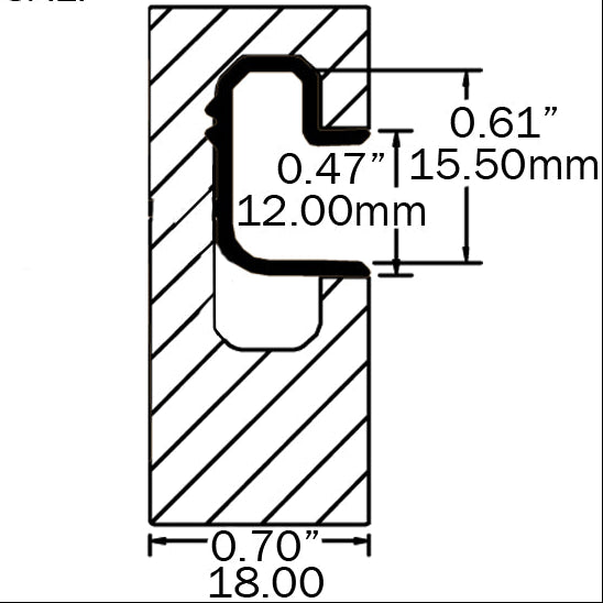 drawing showing dimensions of a J insert for slatwall