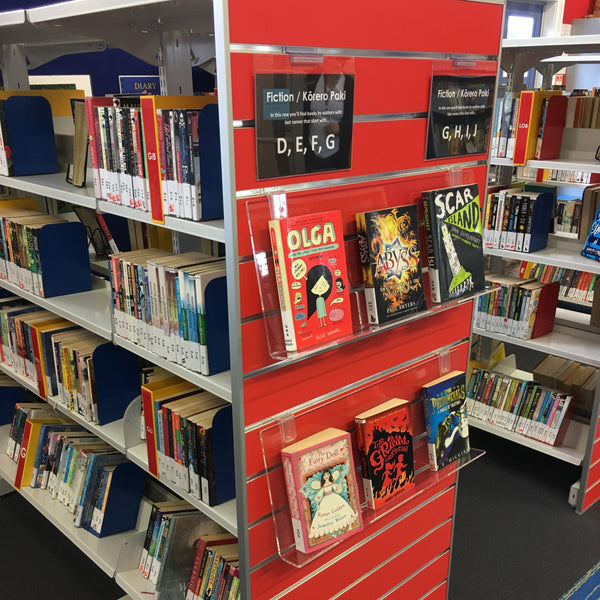 Library Bayend Display Panel in red with books displayed