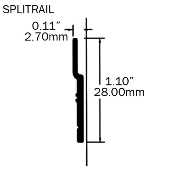 A drawing of a Plankwall Split Rail cross section showing dimensions.