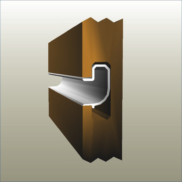 A 3D rendered image of a PVC J profile insert, primarily gray in color, placed in situation in a slatwall panel