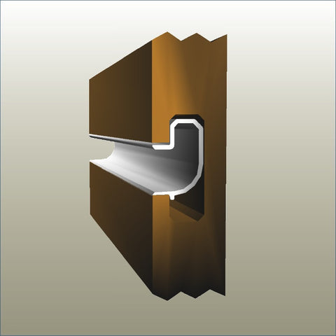 A 3D rendered image of a PVC J profile insert, primarily gray in color, placed in situation in a slatwall panel