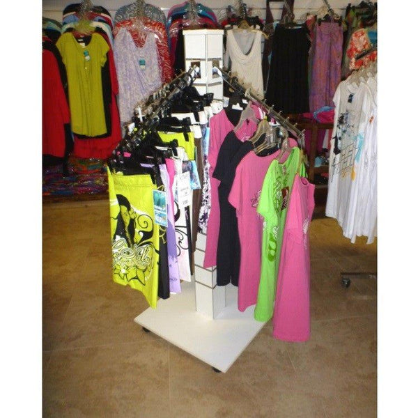 Retail garment retail display stand used as a clothing sales rack in retail shop.