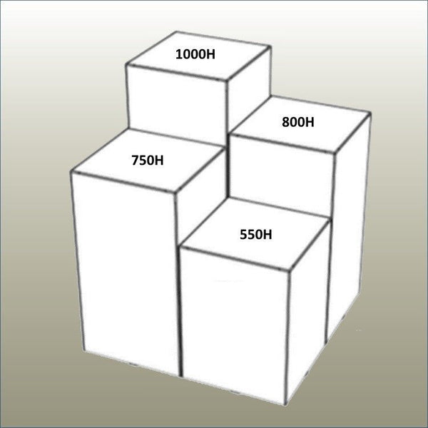 Illustration of retail display cubes set with the  heights listed 