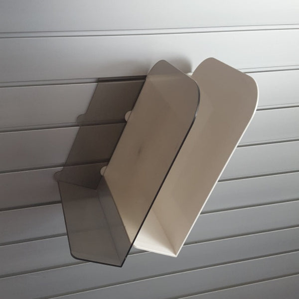 photo of transparent grey sloping document tray and white sloping document tray