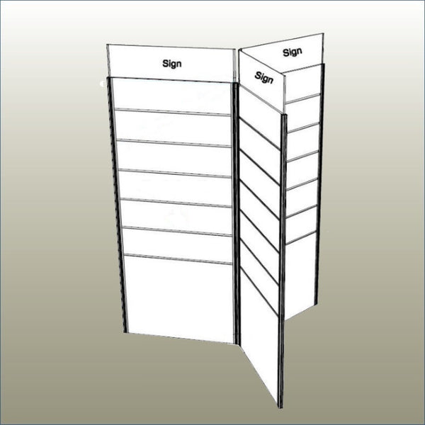 drawing of a Plankwall three panel radial display unit with signage on top on a gold background 