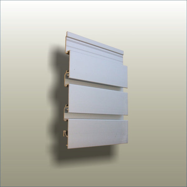 Close up of the Plankwall All Ali 50mm pitch Aluminium slatwall product on gold background