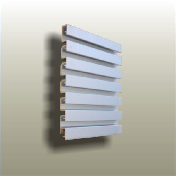 Plankwall All Ali 25mm pitch aluminium slatwall Top plank close up