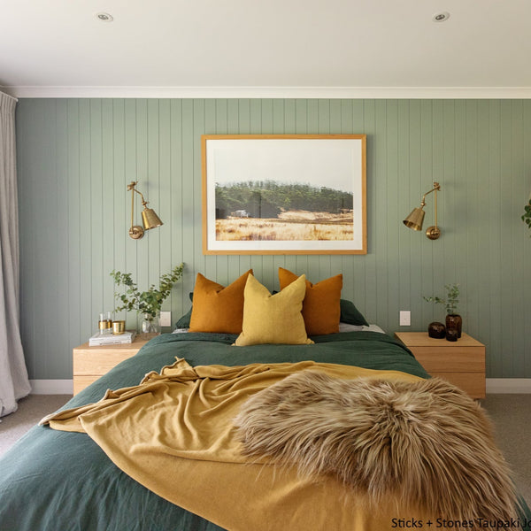 Plankwall 100mm V Groove MDF panels painted green in a funky modern bedroom