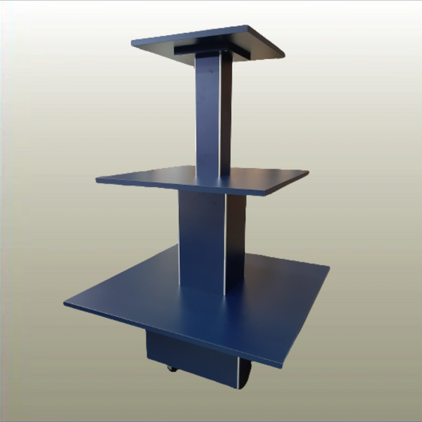 Plankwall slimline, high volume retail display unit in blue empty hero shot on gold background