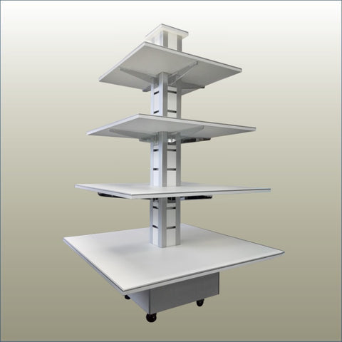 hero shot of the Plankwall 5 tier square retail display unit for floor stock displays in white 