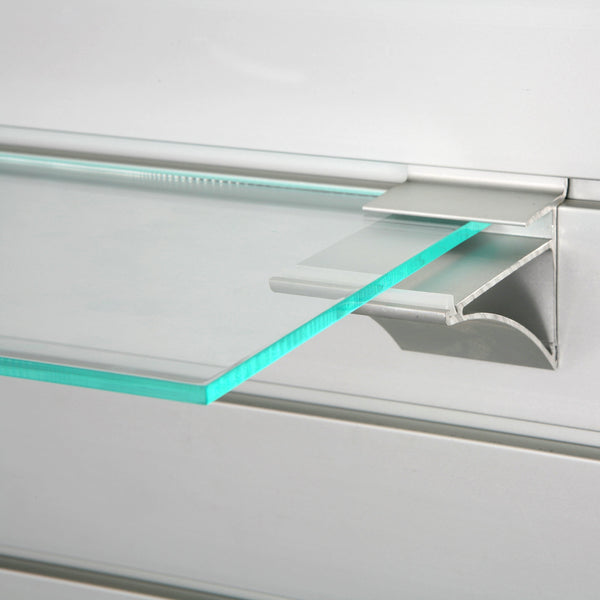 Close-up of a glass panel shelf with Plankwall aluminium bracket fitted with precision