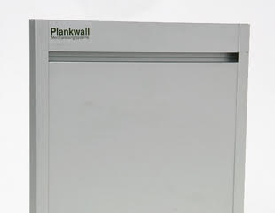 Close up of branded header for Plankwall All Ali aluminium slatwall 150mm pitch panels.