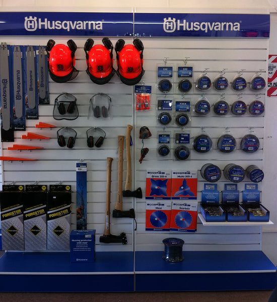 2x Plankwall Free Standing 2400mm modular display stands together in a Husqvana display