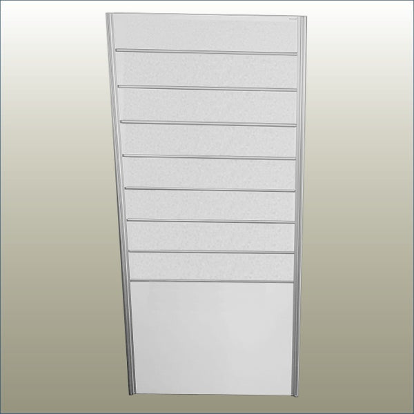 A Plankwall white slatwall panel with grooves, designed for display purposes, with a clean and minimalistic appearance.