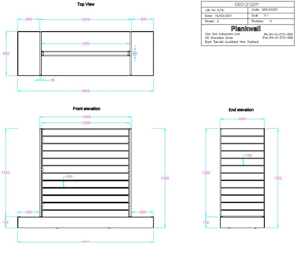 Diagram of Plankwall Double Plinth G60 Gondola showing dimensions