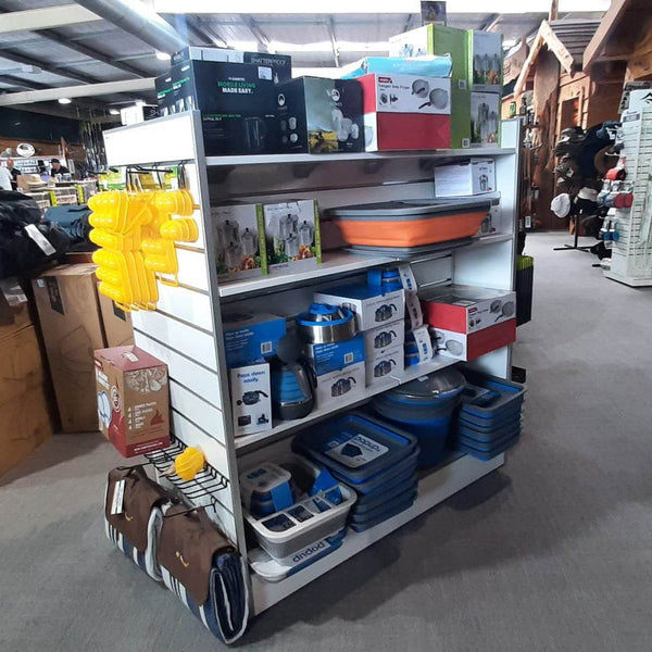 Plankwall G60 Gondola Display Unit - white with white MDF Shelves with camping merchandise