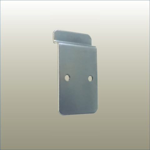 A metal 'J' shaped slatwall mounting bracket with two holes on the back for mounting purposes.