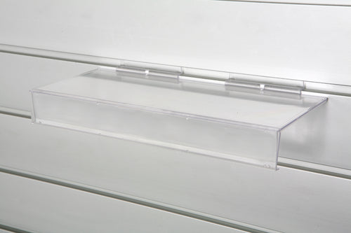 A clear polycarbonate shoe shelf with a 30mm ticket strip, designed to hold shoes and display the soles in a slatwall system