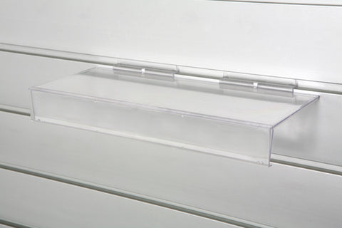 A clear polycarbonate shoe shelf with a 30mm ticket strip, designed to hold shoes and display the soles in a slatwall system