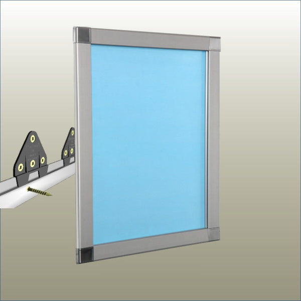 A Plankwall aluminium poster snap frame with a blue polyester protector sheet, including a Split Rail hanging system designed to mount on walls.