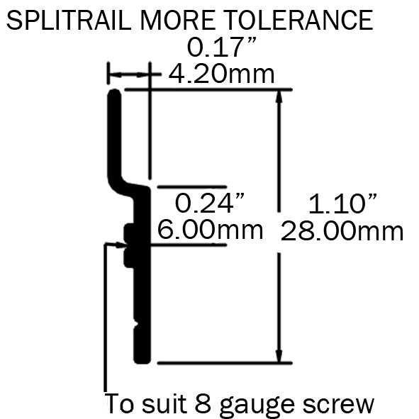 A drawing of a Plankwall Split Rail MT:  More Tolerance cross section showing dimensions.