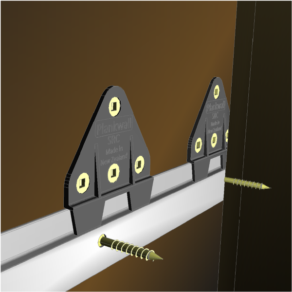 A digital rendering of two Plankwall Split Rail clips clipped into a Split rail with screws ready to screw into a wall
