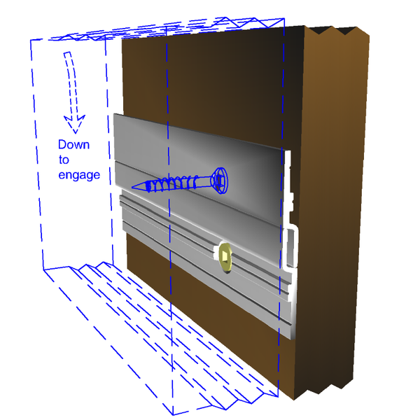 A digital rendering showing the attachment of two split rails to join a panel (shown in ink) to a wall.