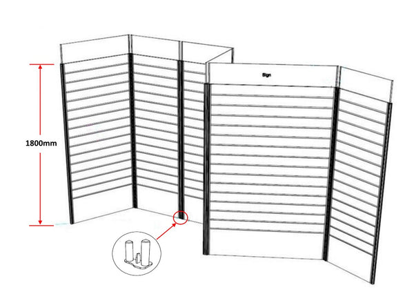 Drawing of multiple Plankwall slatwall display panels in a zig zag formation showing height and hinge details