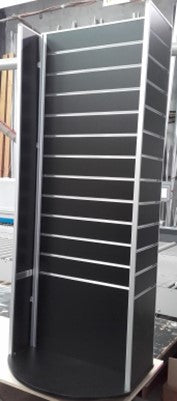 Plankwall black slatwall retail display stand  with two side panels sitting in the factory