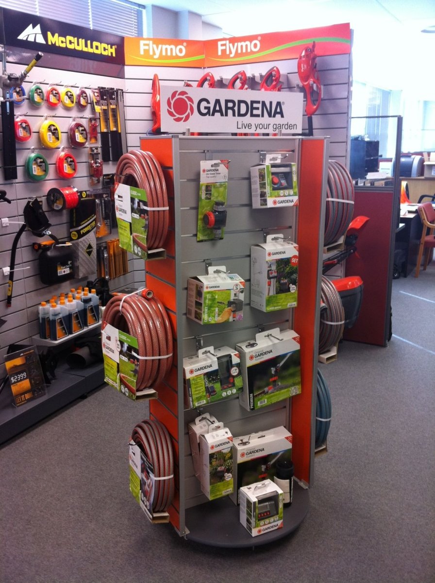 Two-Sided Retail Display Stand Tower 600W | Rotating Slatwall - Plankwall