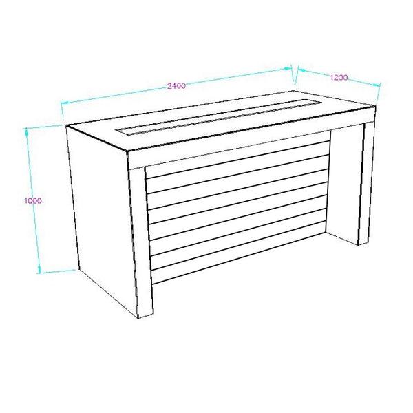 Illustration with measurements of the Plankwall 2400 W electronics display table with a slatwall front panel for hanging accessories, a central powerbox panel and stickman edging.