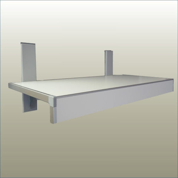 A white heavy use shelf with a metal bracket, designed for heavy loads in retail displays or industrial storage.