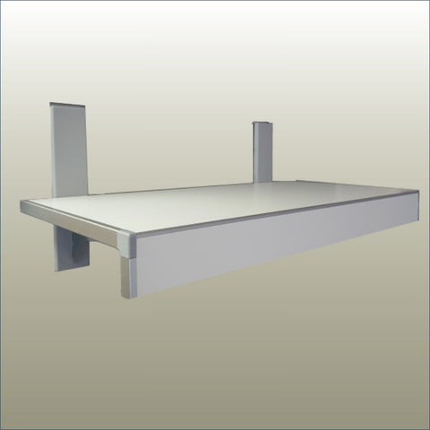 A white heavy use shelf with a metal bracket, designed for heavy loads in retail displays or industrial storage.