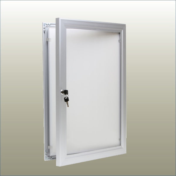An outdoor hinged poster frame with a clear  polycarbonate front and silver aluminum extrusion, equipped with a lock and key.