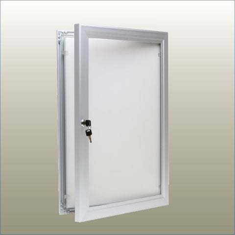 An outdoor hinged poster frame with a clear  polycarbonate front and silver aluminum extrusion, equipped with a lock and key.