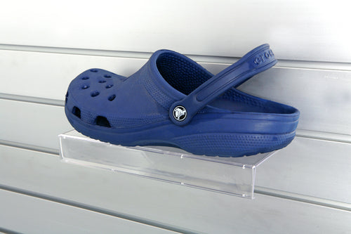Plankwall clear acrylic shoe display shelf with Croc on white slatwall