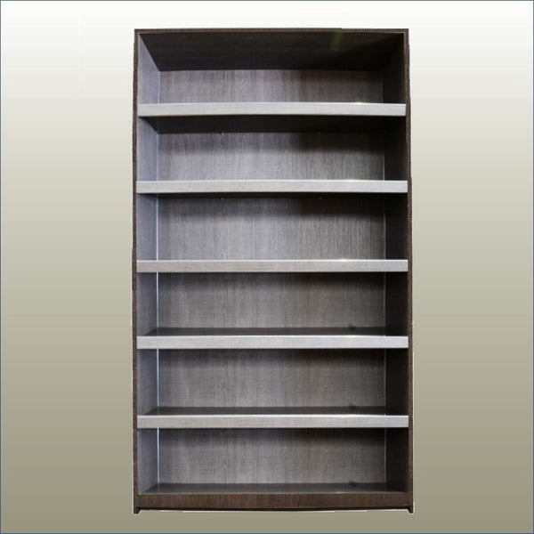 A cutout photo of a Plankwall Tall Display Cabinet in walnut wood finish with five shelves