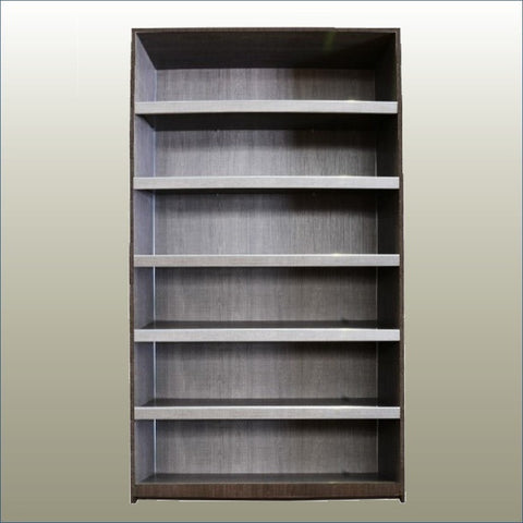 A cutout photo of a Plankwall Tall Display Cabinet in walnut wood finish with five shelves