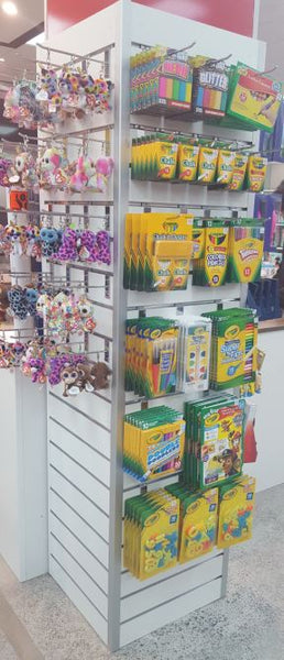 Ra18 aluminium corner joinery profile used in a retail slatwall display tower displaying crayons and key chains