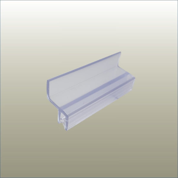 A clear acrylic friction fit clip designed for holding items in place within a slatwall display system.
