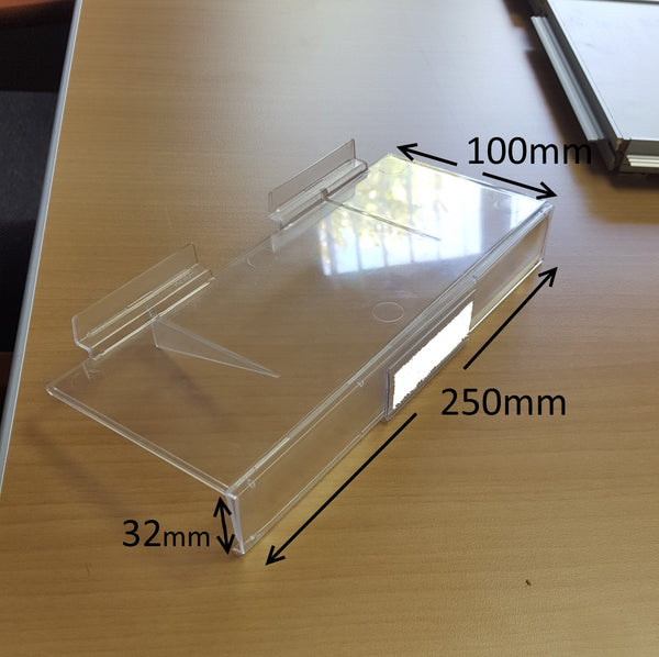 close up of a clear acrylic Plankwall shoe display shelve showing the product dimensions