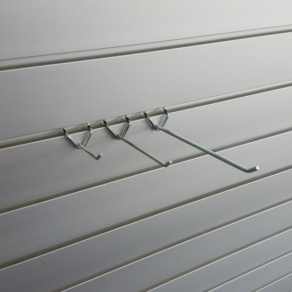 A single prong storage hook with a light duty design, shown mounted on aluminium slatwall.